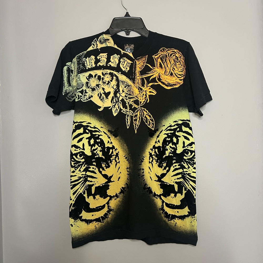 Black Graphic T-Shirt with Tiger and Floral Design